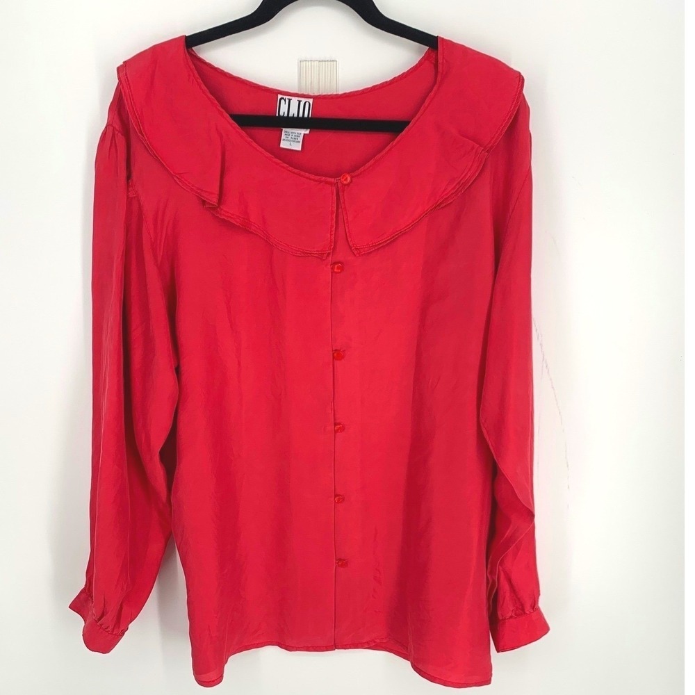 Clio Red 100% Silk Peter Pan Collar Button Front Blouse Long Sleeve Size L